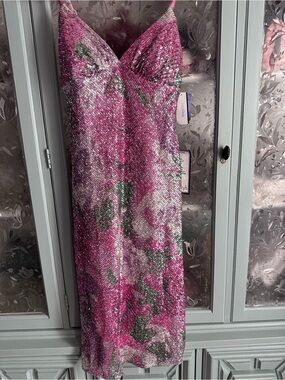 Morgan & Co. Pink Sequin Maxi Dress with Green Accents